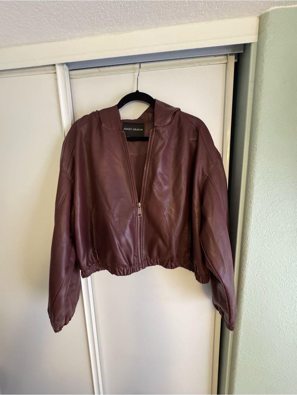 Ashley Graham Wine Leather Cropped Bomber Jacket